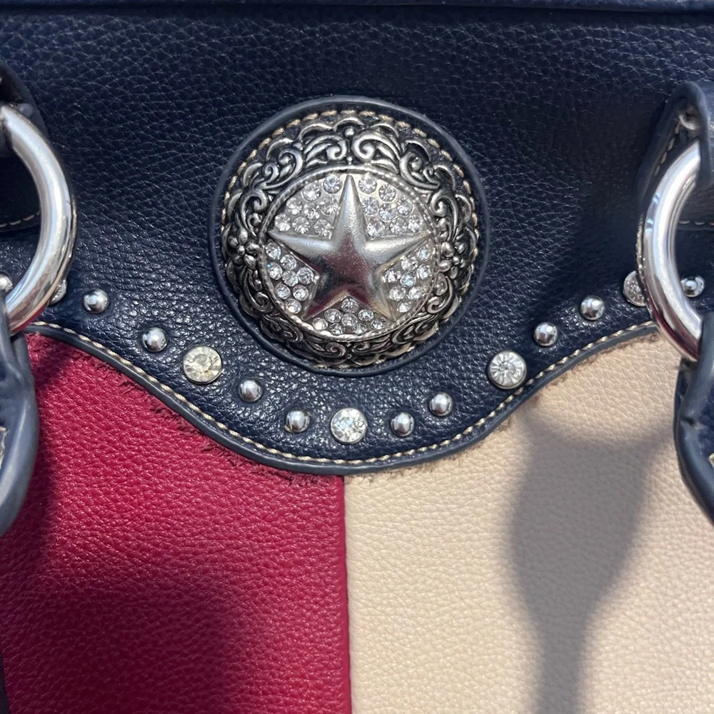 Montana West Patriotic Western Satchel Purse Red White Blue Studded Concho Bag - Picture 7 of 15